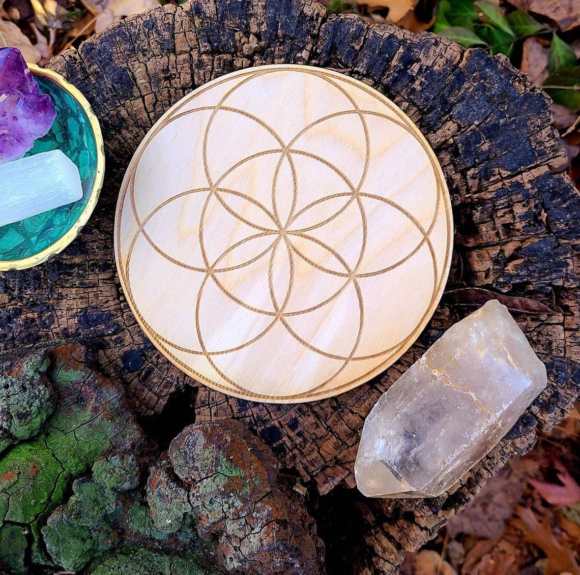 Seed of Life Crystal Grid Laser Engraved Wood Altar Plate