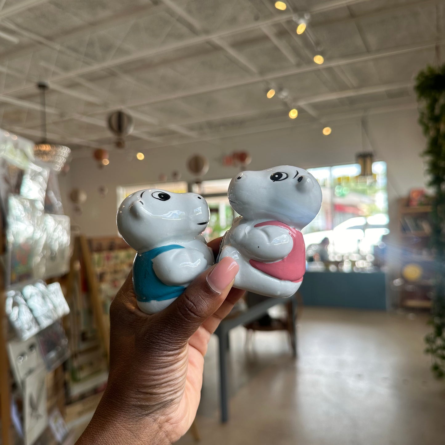 (Pair) Ceramic Pink / Blue Hippo S&P Shakers