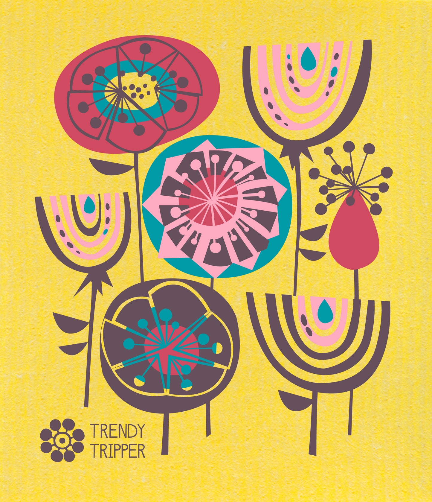 Swedish Dishcloth: Abstract Floral Red + Turquoise on Yellow