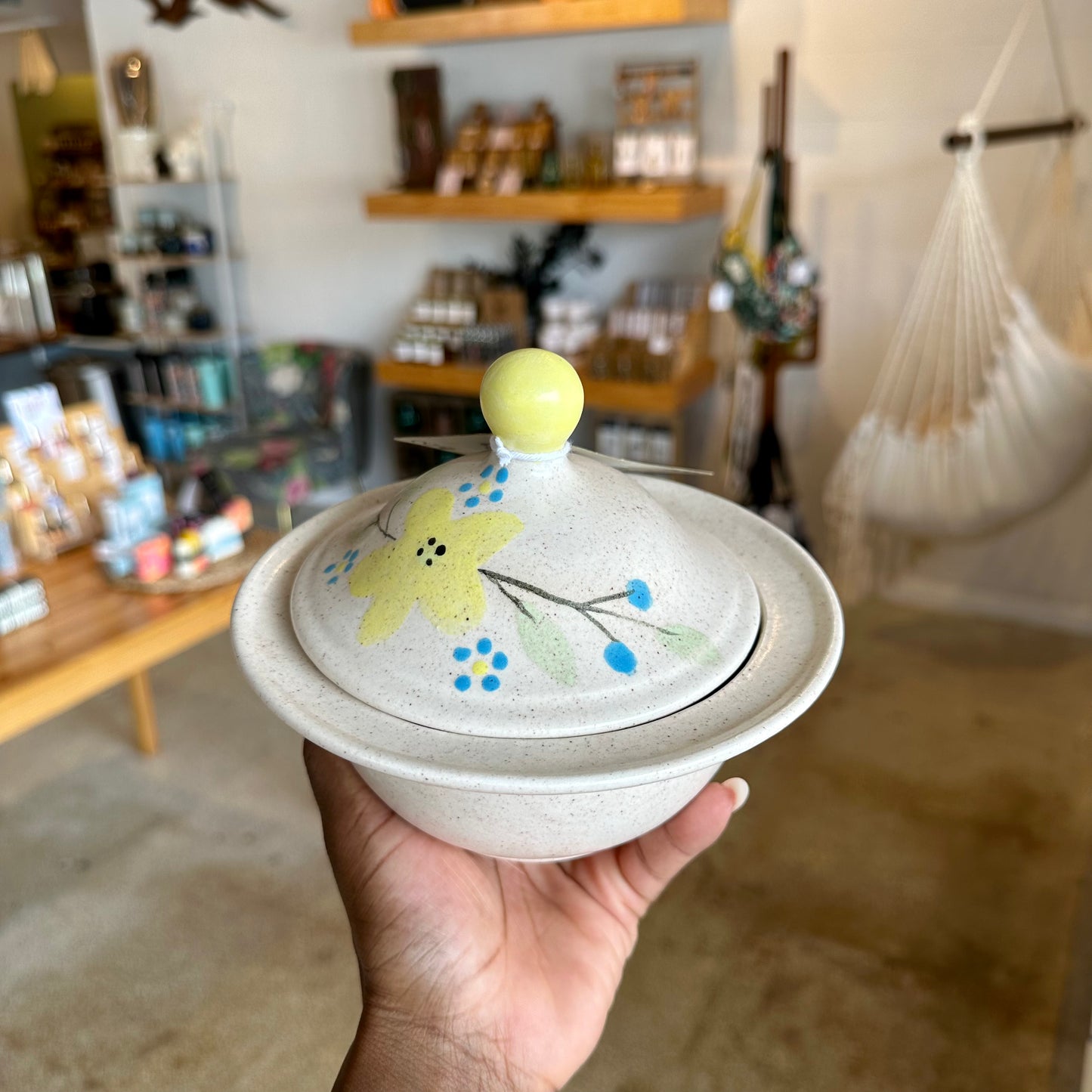 Funky Floral Blue & Yellow Ceramic Dish