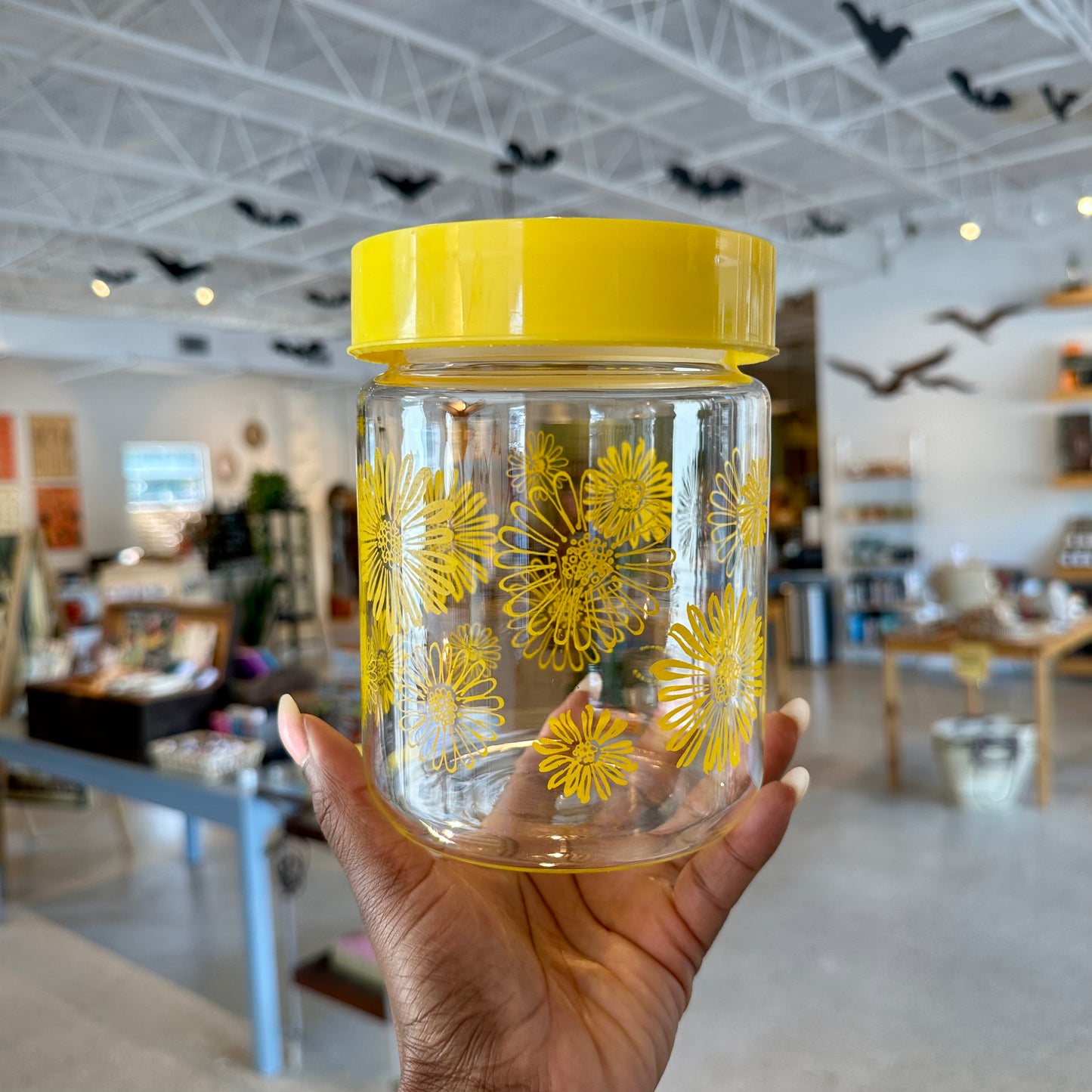 (4) 70s Corning Ware Yellow Daisy Glass Canisters