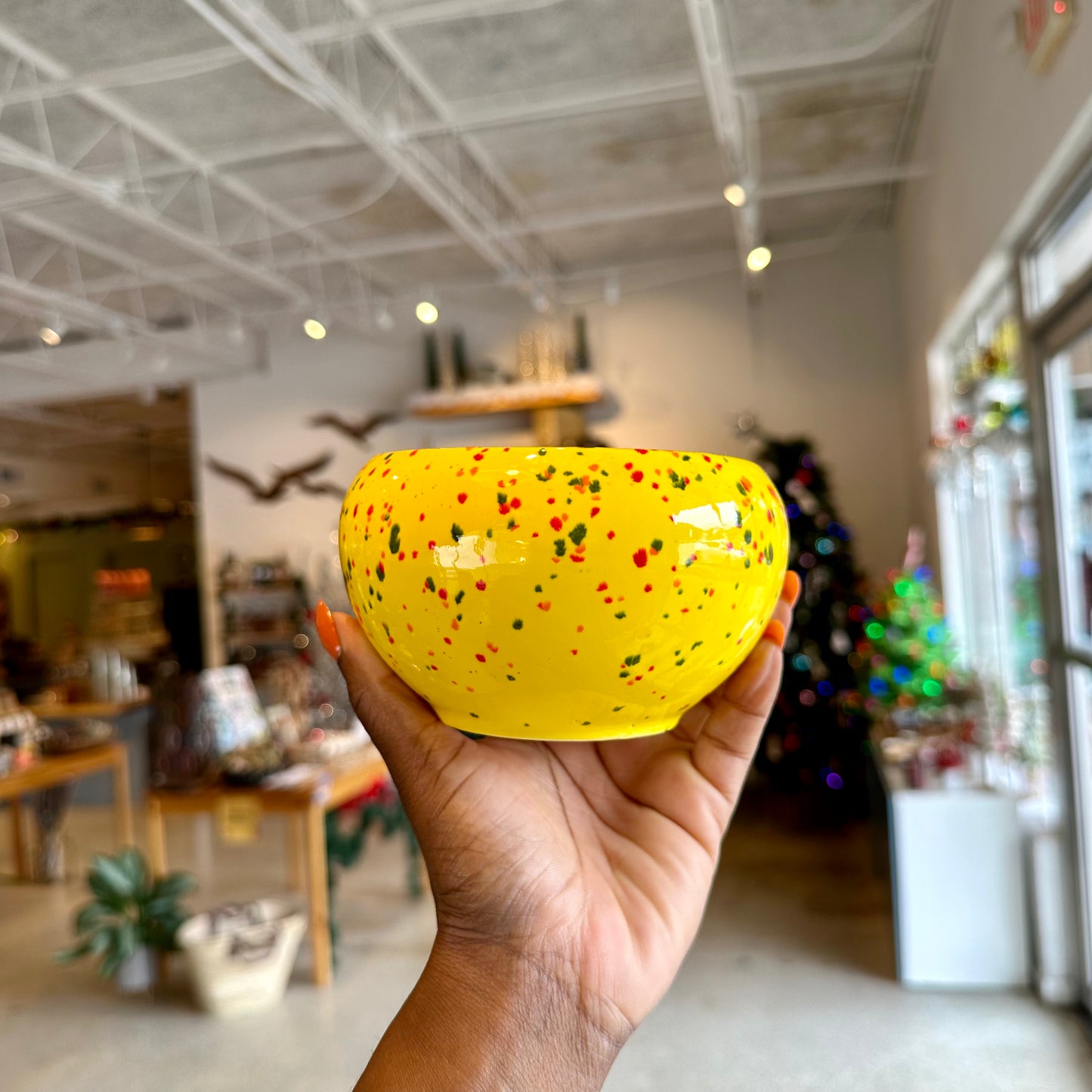 Mid-Century Yellow Round Speckle Glaze Planter