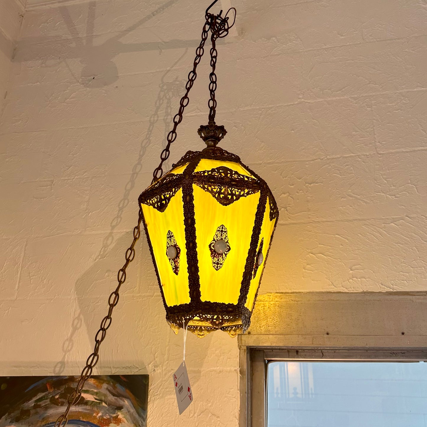 Victorian Green Slag Glass Swag Lamp