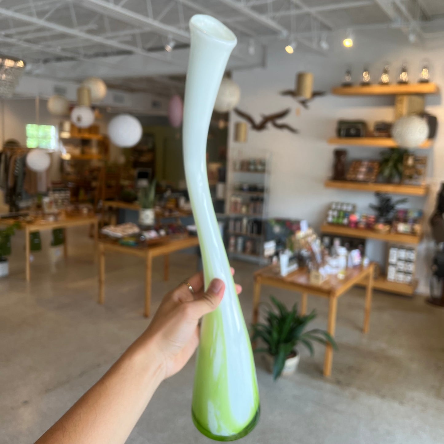 Green and White Tall Art Glass Vase