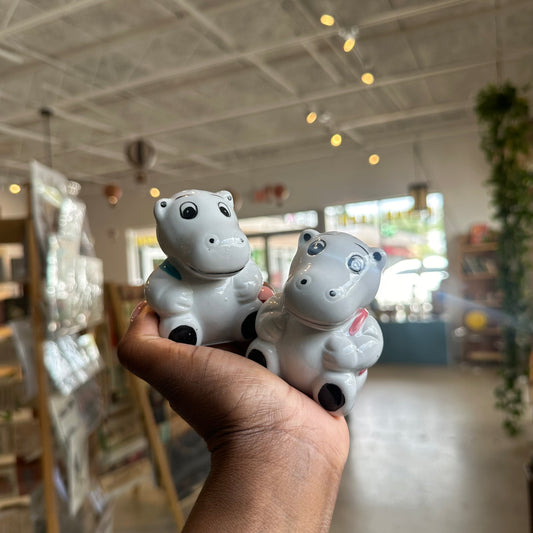 (Pair) Ceramic Pink / Blue Hippo S&P Shakers