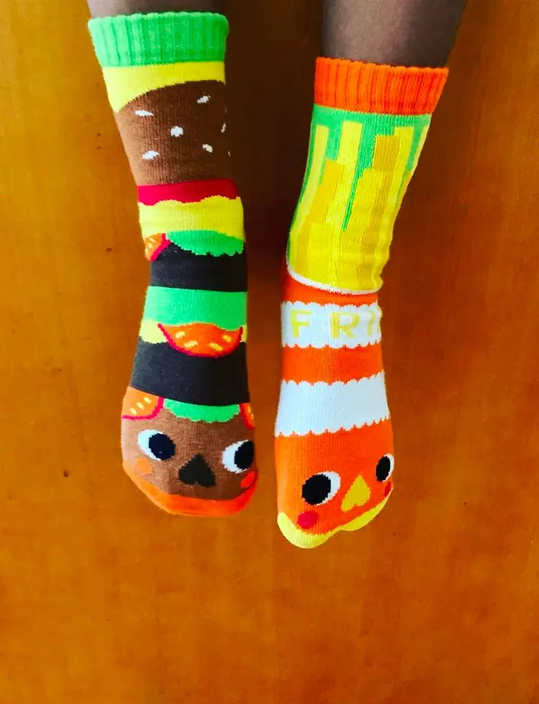 Burger & Fries - Fun Mismatched Non-Slip Socks for Kids