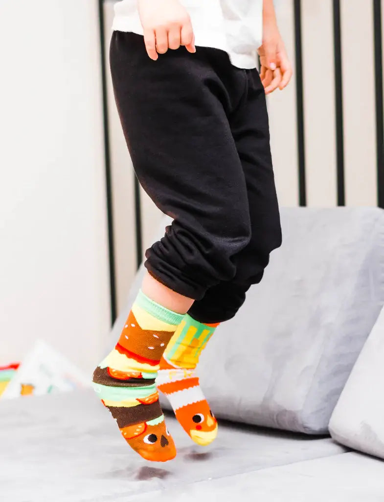 Burger & Fries - Fun Mismatched Non-Slip Socks for Kids