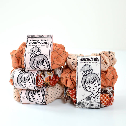 Vintage Fabric Scrunchies | Retro Hair Elastics Orange Brown