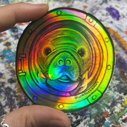 Holographic Manatee Porthole Sticker