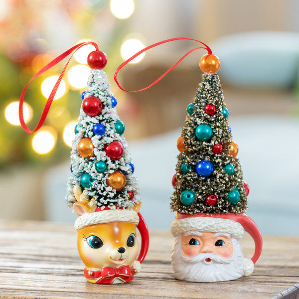 Retro Deer and Santa Tree Mug Ornaments