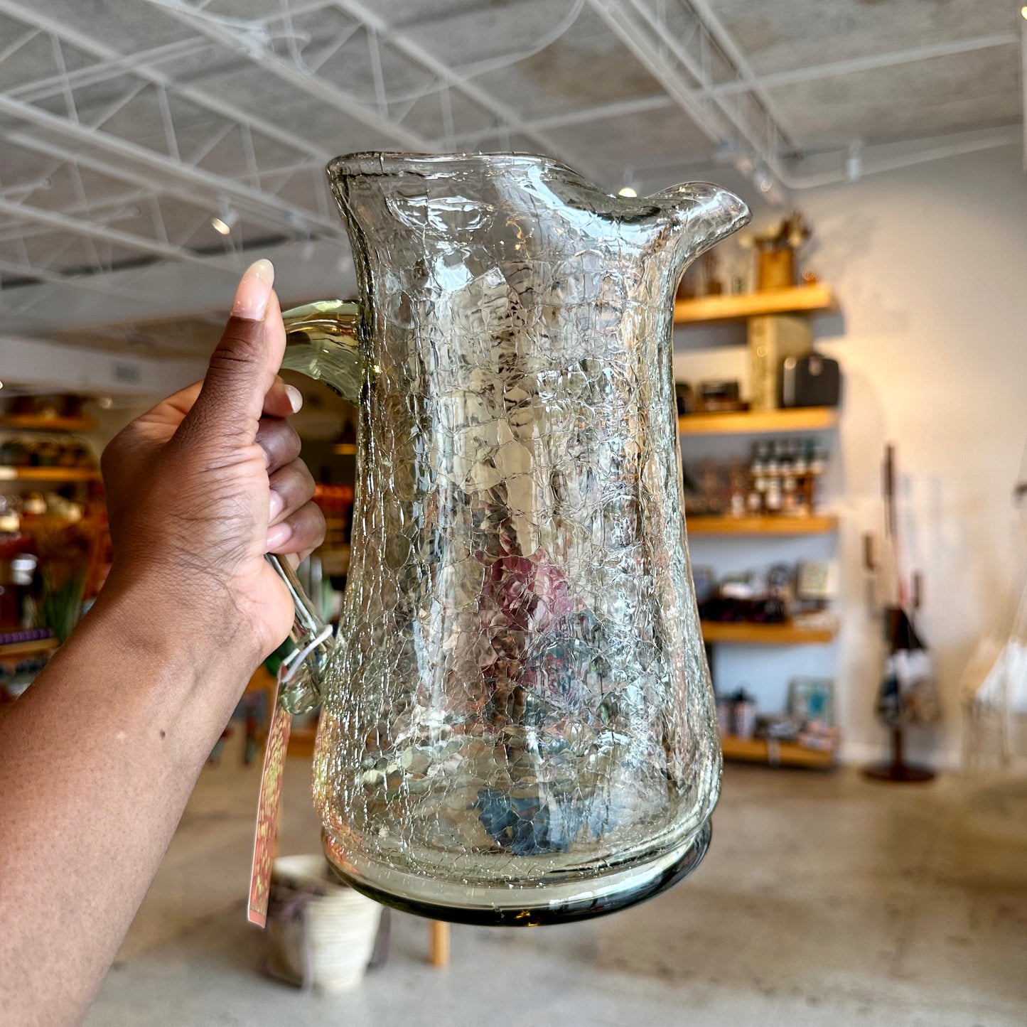 Light Yellow Hand Blown Crackle Glass Pitcher