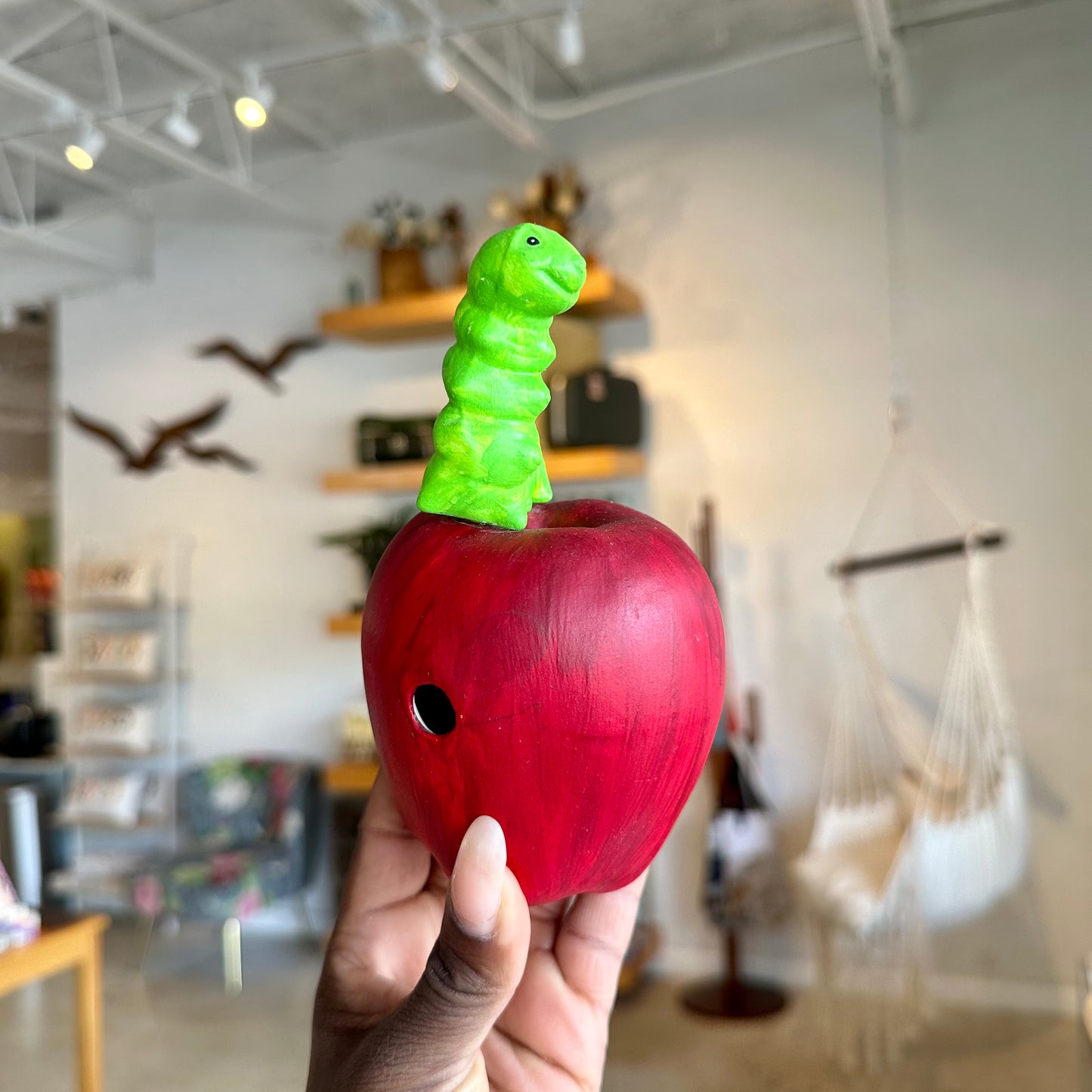 Ceramic Hand Painted Worm On Apple Figure