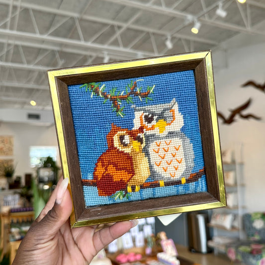 70’s Framed Needlepoint Owls
