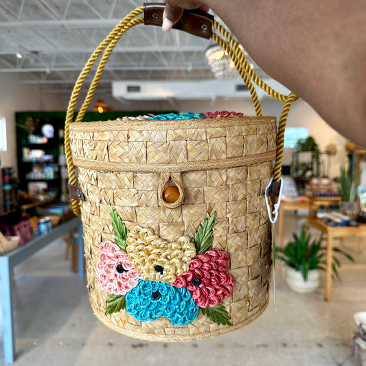 50s Raffia Floral Bucket Bag