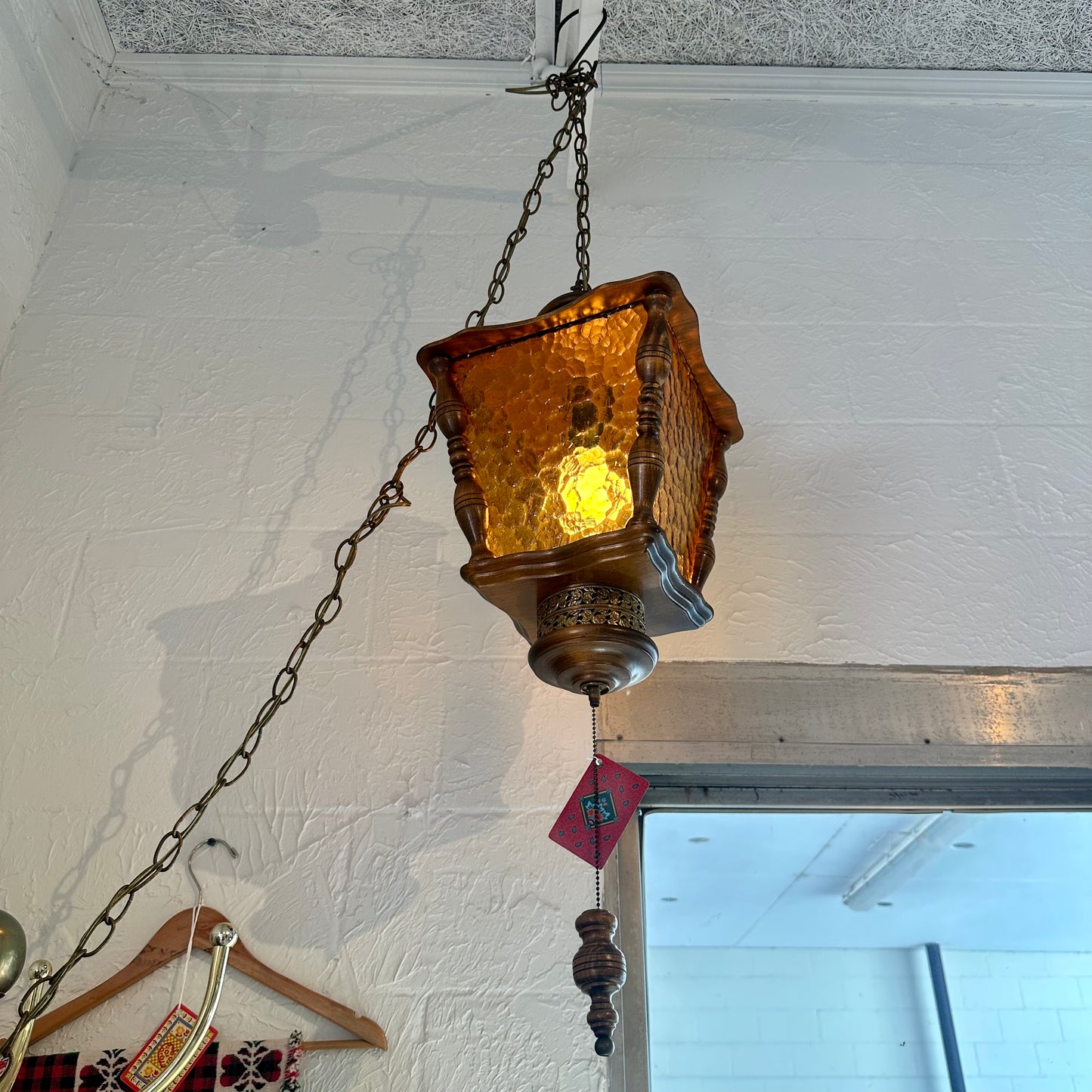 Midcentury Amber Glass / Wood Swag Lamp