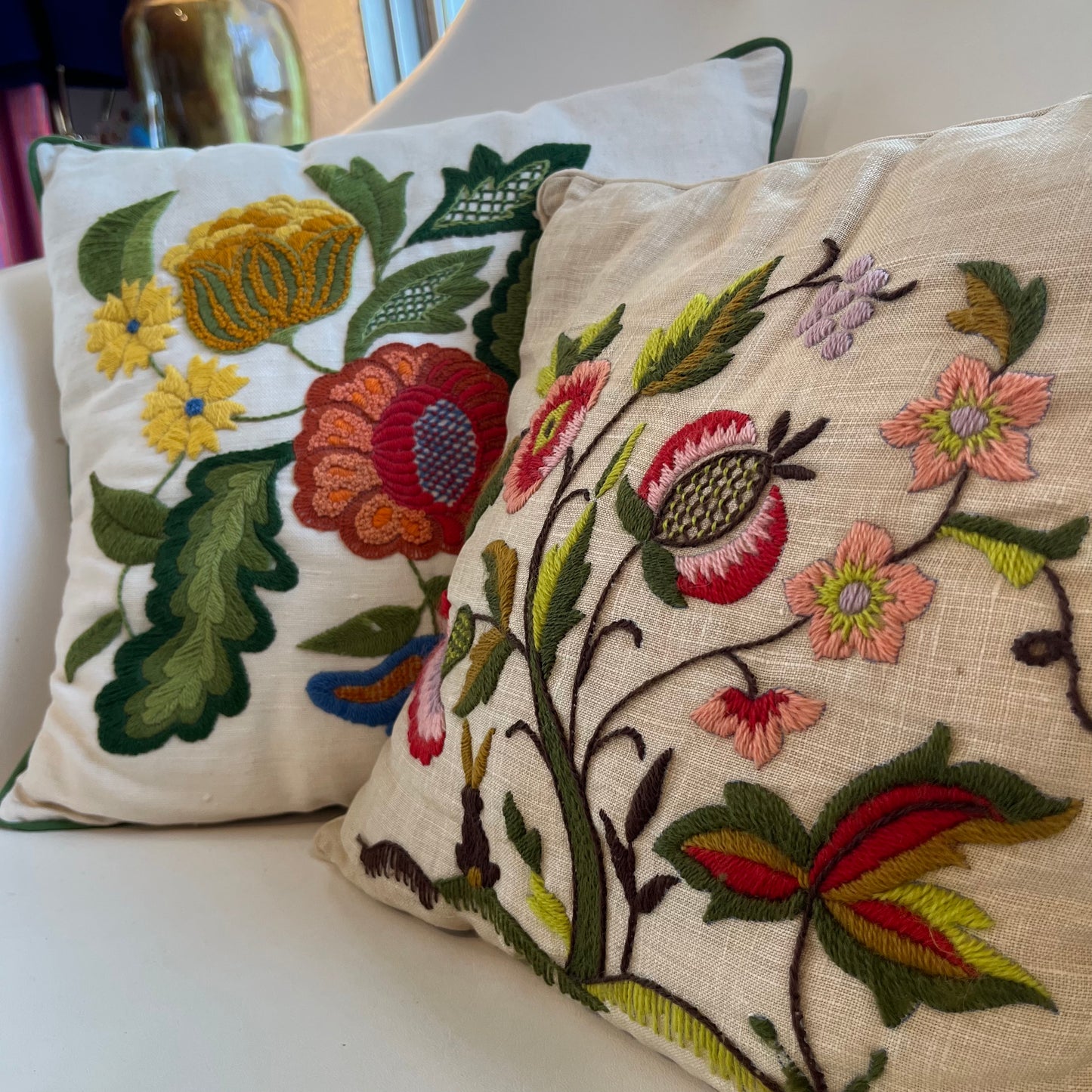 Crewel Embroidered Floral Throw Pillow