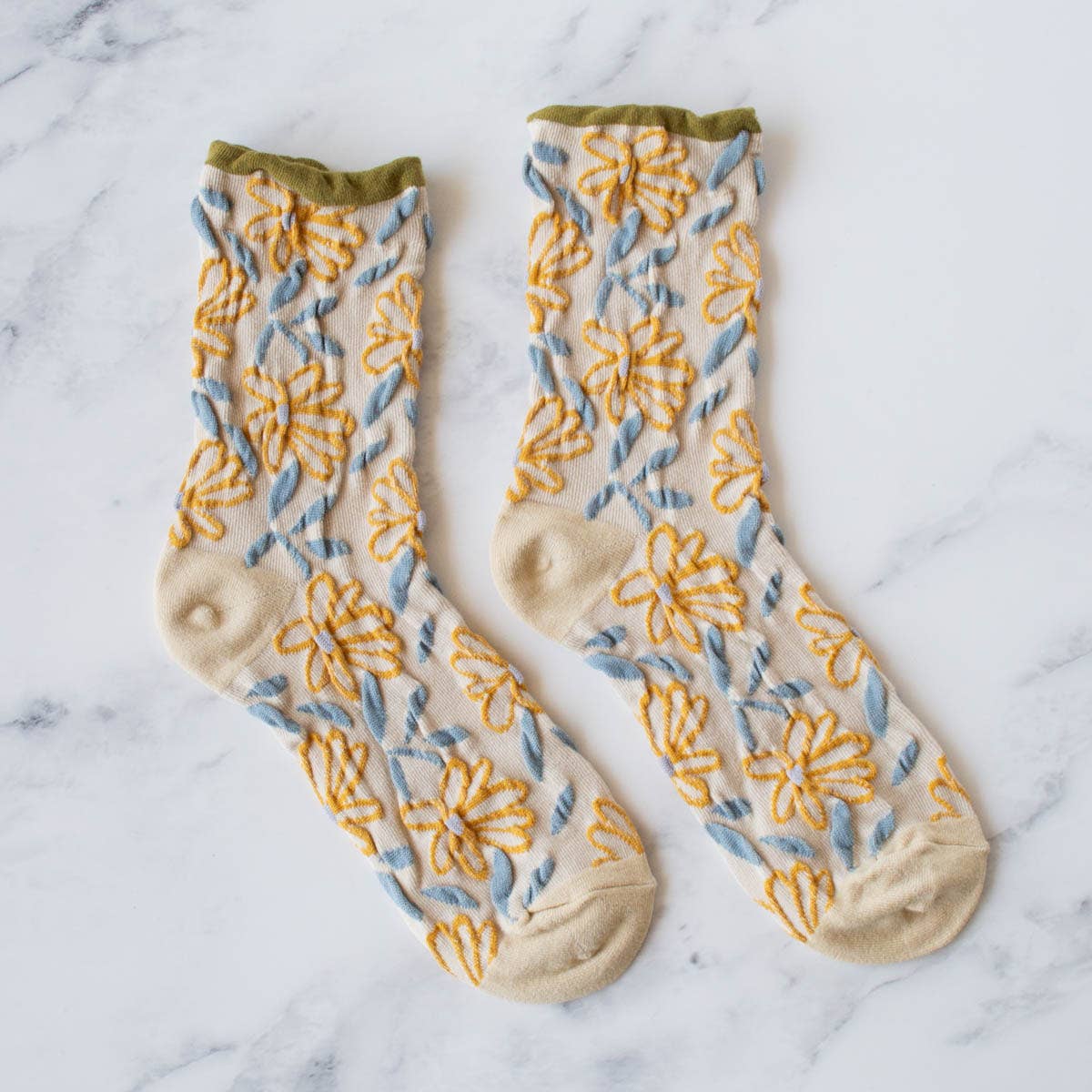 Unique Vintage Floral Socks: Olive/Beige